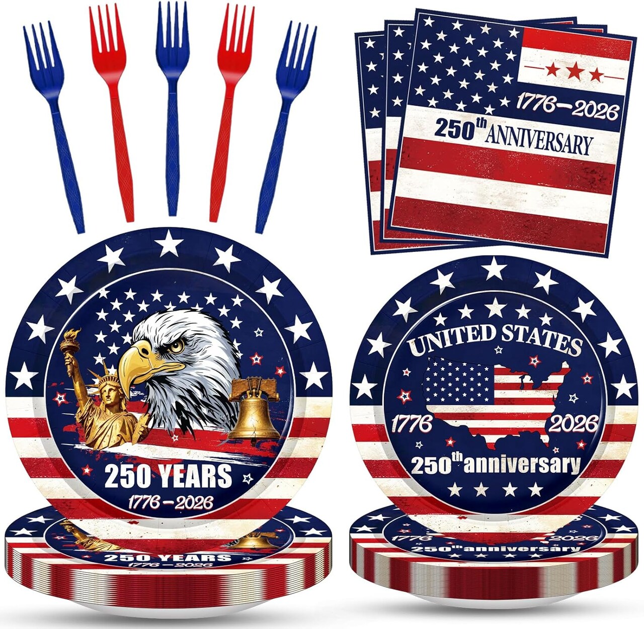 100PCS 250th Anniversary Patriotic Tableware Set for 25 Guests – Red, White & Blue Disposable Plates, Napkins & Forks for 2026 Independence Day, Memorial Day & Military Celebrations (USA-Themed Decor)